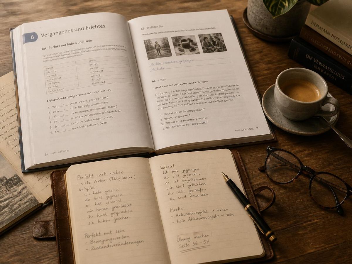 An open German textbook and handwritten notes on a warm wooden desk